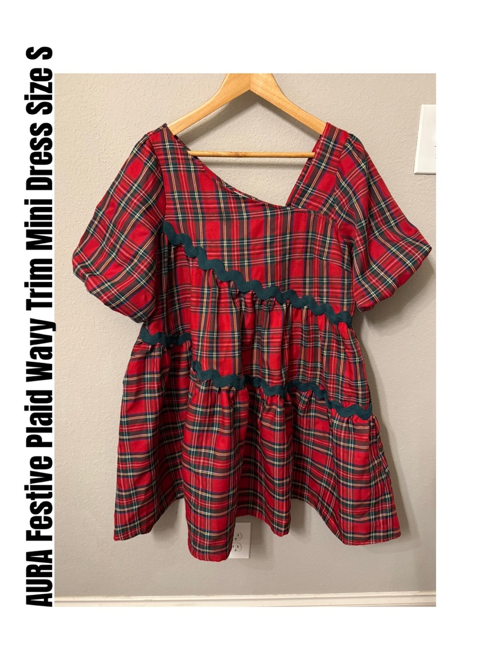 AURA Festive Plaid Wavy Trim Mini Dress Size S